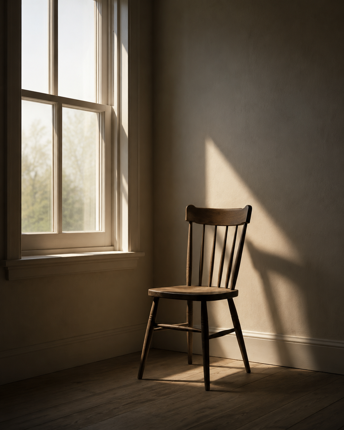 Houten stoel staat bij raam, warm zonlicht werpt schaduw op witte muur en houten vloer.